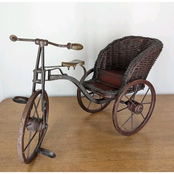 Unbranded Other - Vintage Wooden & Metal Miniature Doll Tricycle Rickshaw Wicker Seat 12" x 22"